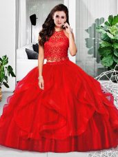 Popular Red Tulle Zipper Halter Top Sleeveless Floor Length Sweet 16 Quinceanera Dress Lace and Ruffles