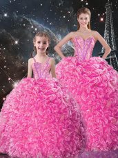 Sumptuous Sleeveless Organza Floor Length Lace Up Quinceanera Dresses in Rose Pink with Beading and Ruffles