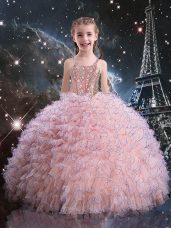 Ball Gowns Child Pageant Dress Pink Straps Organza Short Sleeves Floor Length Lace Up