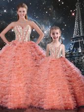 Floor Length Lace Up Quinceanera Dresses Watermelon Red for Military Ball and Sweet 16 and Quinceanera with Beading and Ruffles