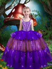 Ball Gowns Kids Pageant Dress Purple Straps Organza Sleeveless Floor Length Lace Up
