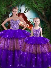 Traditional Eggplant Purple Quince Ball Gowns Military Ball and Sweet 16 and Quinceanera with Beading and Ruffled Layers Sweetheart Sleeveless Lace Up