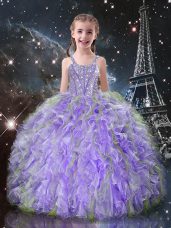 Top Selling Lilac Organza Lace Up Straps Sleeveless Floor Length Little Girls Pageant Dress Wholesale Beading and Ruffles