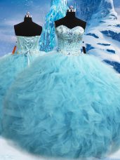 High End Aqua Blue Ball Gowns Tulle Sweetheart Sleeveless Beading and Pick Ups Floor Length Lace Up Sweet 16 Dress