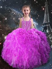 Fuchsia Straps Neckline Beading and Ruffles Girls Pageant Dresses Sleeveless Lace Up