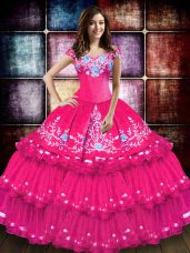 Hot Pink Sleeveless Floor Length Embroidery and Ruffled Layers Lace Up 15 Quinceanera Dress