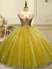 Smart Gold Lace Up Ball Gown Prom Dress Appliques and Sequins Sleeveless Floor Length