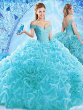 Classical Lace Up 15 Quinceanera Dress Aqua Blue for Military Ball and Sweet 16 and Quinceanera with Ruffles and Pick Ups Brush Train