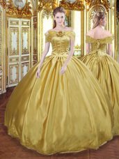 Custom Design Floor Length Gold Quinceanera Dress Tulle Sleeveless Beading and Appliques and Hand Made Flower