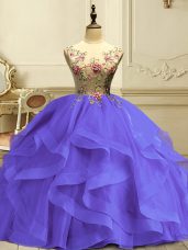 Modest Lavender Organza Lace Up Scoop Sleeveless Floor Length Quince Ball Gowns Appliques and Ruffles