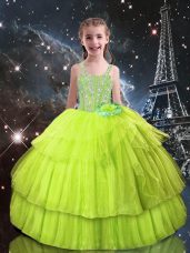 Yellow Green Lace Up Kids Pageant Dress Beading and Ruffled Layers Sleeveless Floor Length
