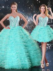 Dynamic Turquoise 15 Quinceanera Dress Military Ball and Sweet 16 and Quinceanera with Beading and Ruffled Layers Sweetheart Sleeveless Lace Up