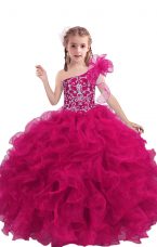 Pretty Fuchsia Lace Up One Shoulder Beading and Ruffles Little Girl Pageant Gowns Organza Sleeveless