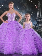 Lavender Quince Ball Gowns Military Ball and Sweet 16 and Quinceanera with Beading and Ruffles Sweetheart Sleeveless Lace Up
