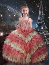 Classical Floor Length Lace Up Kids Pageant Dress Watermelon Red for Quinceanera and Wedding Party with Beading and Ruffled Layers