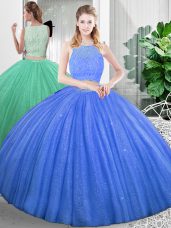 Smart Floor Length Baby Blue Quince Ball Gowns Organza Sleeveless Lace and Ruching