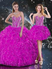Sweet Fuchsia Sweetheart Lace Up Beading and Ruffles 15th Birthday Dress Sleeveless