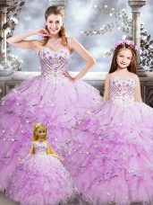 High Class Lilac Sweet 16 Dresses Military Ball and Sweet 16 and Quinceanera with Beading and Ruffles Sweetheart Sleeveless Lace Up