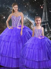 Custom Designed Purple Ball Gowns Ruffled Layers and Sequins Quince Ball Gowns Lace Up Organza and Tulle Sleeveless Floor Length