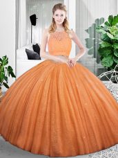 Orange Scoop Zipper Lace and Ruching Sweet 16 Dresses Sleeveless
