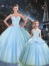 Lovely Baby Blue Tulle Lace Up Sweetheart Sleeveless Floor Length Ball Gown Prom Dress Beading
