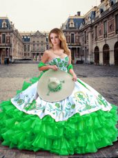Smart Sleeveless Organza and Taffeta Floor Length Lace Up Quinceanera Dresses in Green with Embroidery and Ruffled Layers