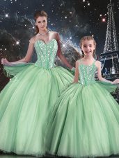 Sweetheart Sleeveless Sweet 16 Dress Floor Length Beading Apple Green Tulle