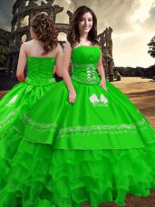 Glittering Green Sleeveless Embroidery and Ruffled Layers Floor Length Quince Ball Gowns
