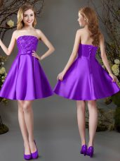 Enchanting Satin Strapless Sleeveless Lace Up Beading Bridesmaids Dress in Eggplant Purple