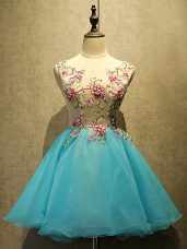 Edgy Baby Blue A-line Appliques Dress for Prom Lace Up Organza Sleeveless Mini Length