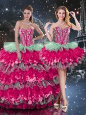 Beading and Ruffles and Ruffled Layers Quince Ball Gowns Multi-color Lace Up Sleeveless Floor Length