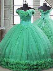Sumptuous Turquoise Fabric With Rolling Flowers Lace Up Off The Shoulder Sleeveless 15th Birthday Dress Brush Train Hand Made Flower