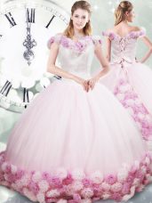 Popular Pink Sleeveless Fabric With Rolling Flowers Brush Train Lace Up Quinceanera Gown for Military Ball and Sweet 16 and Quinceanera