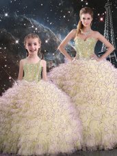 Beading and Ruffles 15 Quinceanera Dress Light Yellow Lace Up Sleeveless Floor Length