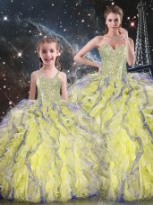 Fitting Sweetheart Sleeveless Quince Ball Gowns Floor Length Beading and Ruffles Yellow Organza