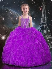 Eggplant Purple Lace Up Straps Beading and Ruffles Pageant Gowns For Girls Organza Sleeveless