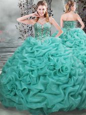 Turquoise Ball Gowns Sweetheart Sleeveless Organza Brush Train Lace Up Beading and Pick Ups Quinceanera Dresses