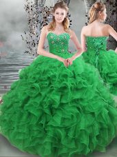 Green Sweetheart Lace Up Beading and Ruffles Sweet 16 Quinceanera Dress Sleeveless