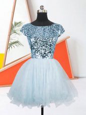 Comfortable Light Blue A-line Organza Scoop Short Sleeves Sequins Mini Length Lace Up Prom Party Dress