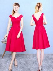 Tea Length Red Court Dresses for Sweet 16 Satin Cap Sleeves Ruching