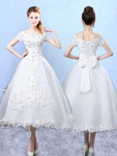 Beading and Lace and Bowknot Damas Dress White Lace Up Short Sleeves Ankle Length