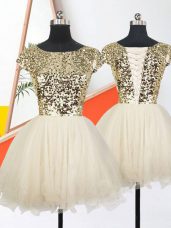 Luxurious Short Sleeves Mini Length Sequins Lace Up Prom Dresses with Champagne