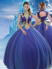 High-neck Sleeveless Lace Up Sweet 16 Dress Royal Blue Tulle