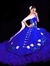 Fitting Ball Gowns Sleeveless Royal Blue Quince Ball Gowns Brush Train Lace Up
