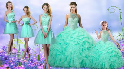 Romantic Floor Length Lace Up Sweet 16 Dresses Apple Green for Military Ball and Sweet 16 and Quinceanera with Beading and Ruffles and Pick Ups