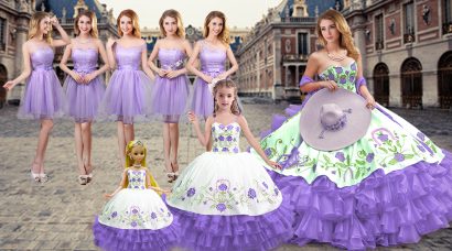 Superior Lavender Ball Gowns Satin and Organza Sweetheart Sleeveless Embroidery and Ruffled Layers Floor Length Lace Up Vestidos de Quinceanera