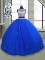 Royal Blue Two Pieces Tulle Scoop Sleeveless Beading Floor Length Lace Up Quinceanera Dress