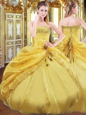 Dramatic Sleeveless Floor Length Beading and Pick Ups Lace Up Quinceanera Gown with Gold