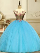 Baby Blue Ball Gowns Scoop Sleeveless Organza Floor Length Lace Up Appliques Sweet 16 Dresses