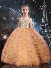 Floor Length Lace Up Little Girl Pageant Dress Orange Red for Quinceanera and Wedding Party with Beading and Ruffled Layers